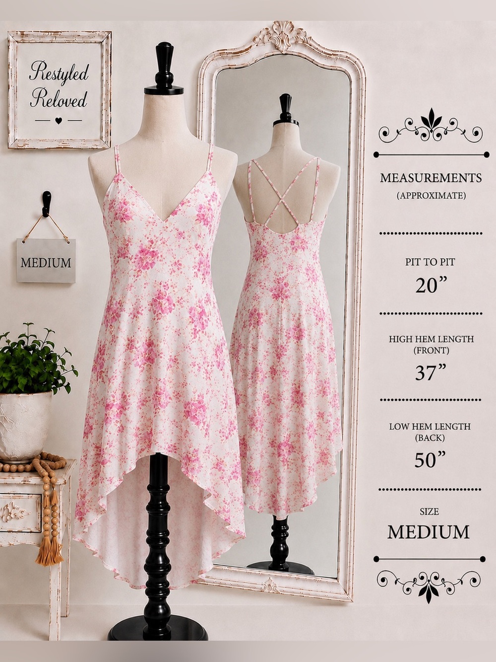 Floral High-Low Dress – Size Medium – Pink & White Watercolor Floral Print